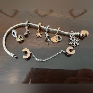 New Pandora Silver Charm Bracelet with Rose Gold Clasp and charms